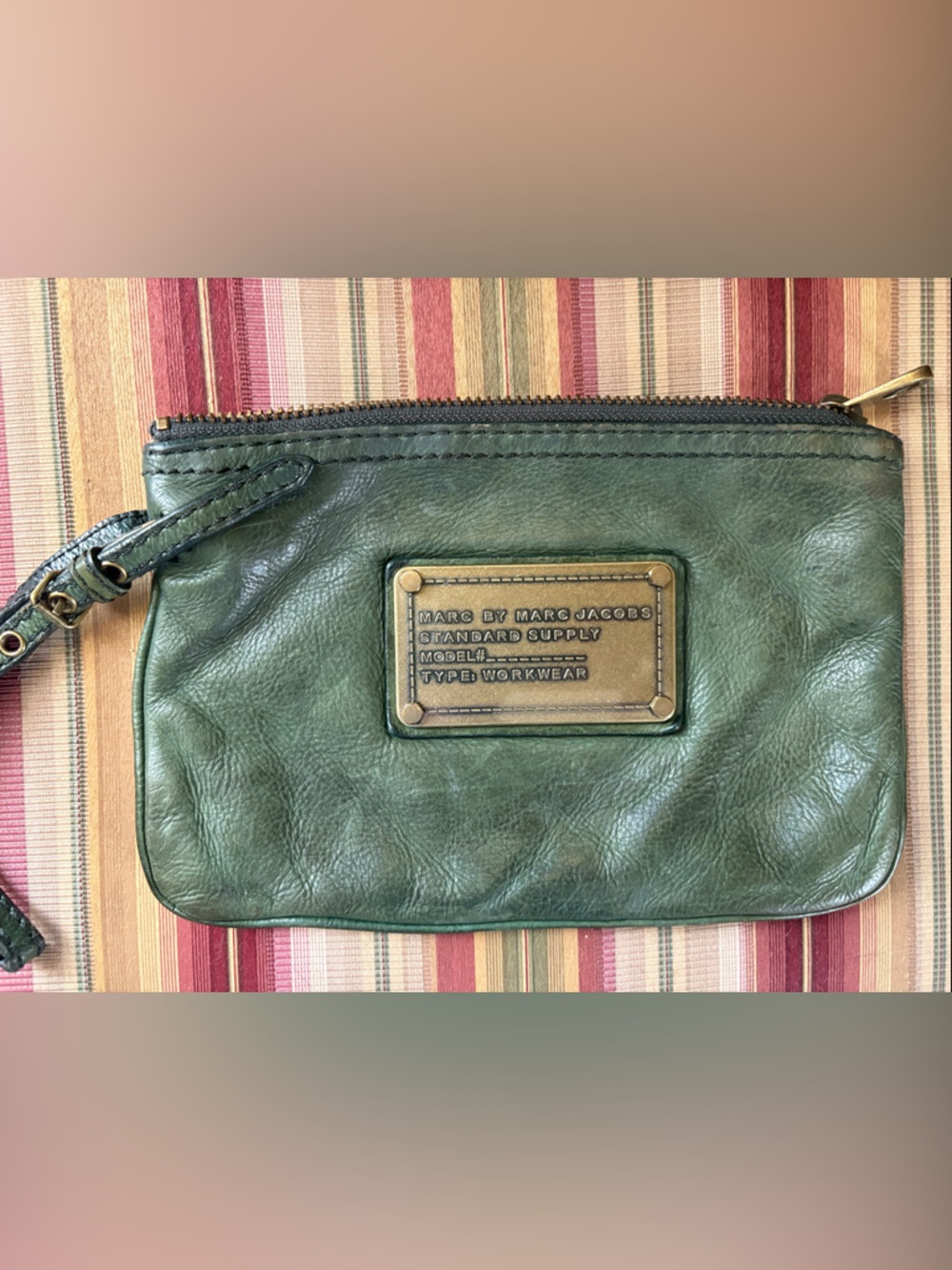Marc By Marc Jacobs Green Leather Wristlet with Brass Plaque -
